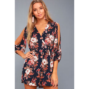 Lulus Luck And Love Navy Blue Floral Print Long Sleeve Romper - Size S NEW